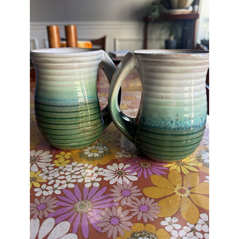 Studio pottery  2 Green & White Ombre Ribbed Stoneware Mugs Glossy 20oz 5”